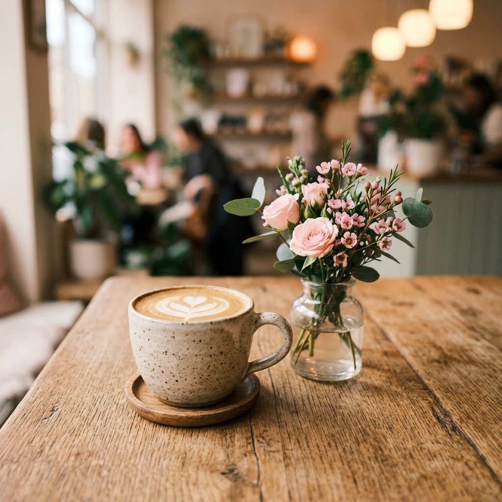 Aesthetic coffee and pink flowers